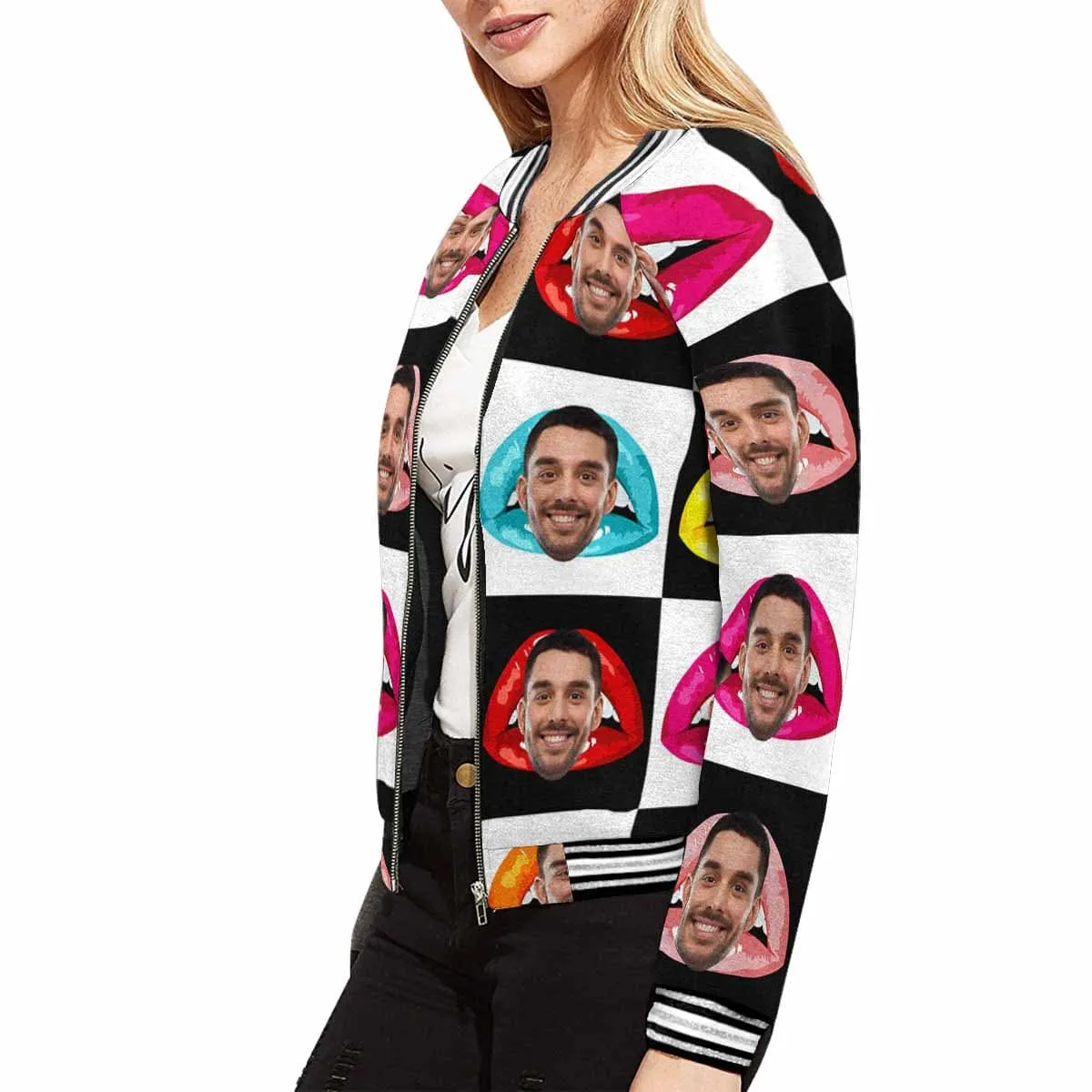 Custom Boyfriend Face Lips Lattice Women's Casual Jacket