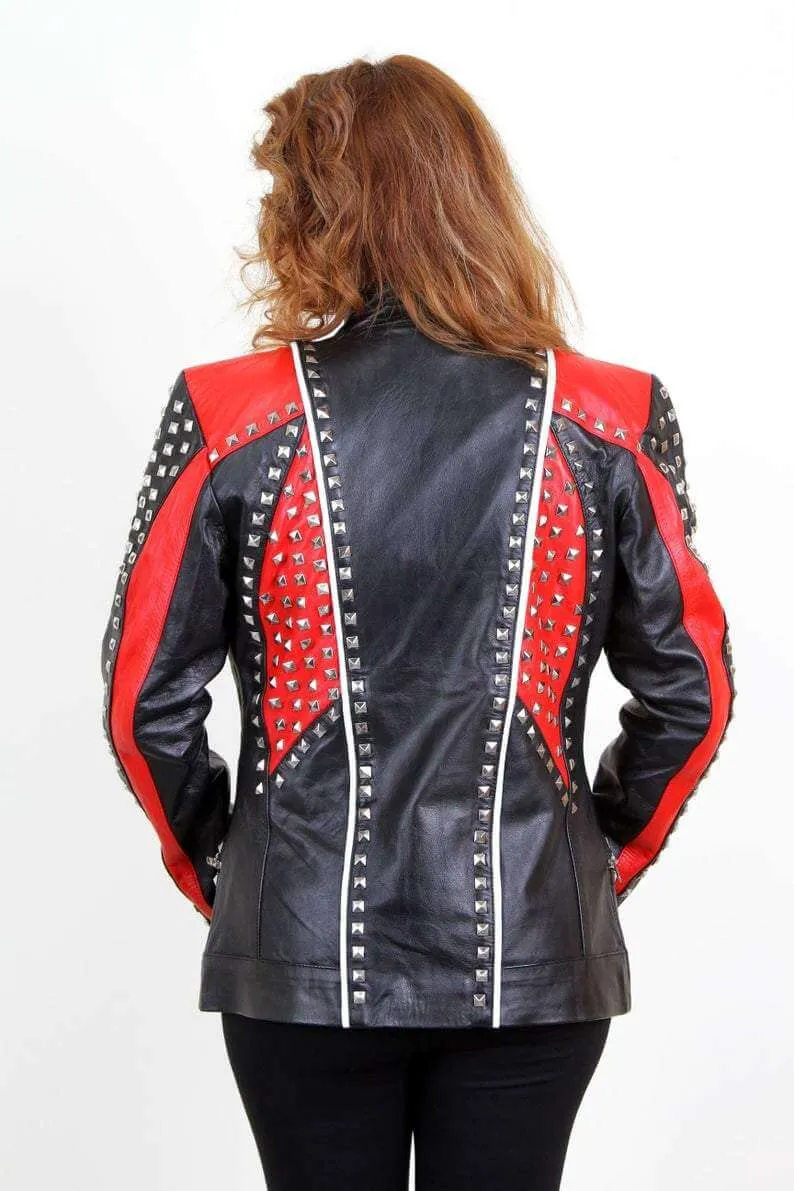 Designer Ladies Handmade Leather Red & Black Studded Jacket, Womens Biker Punk Jacket