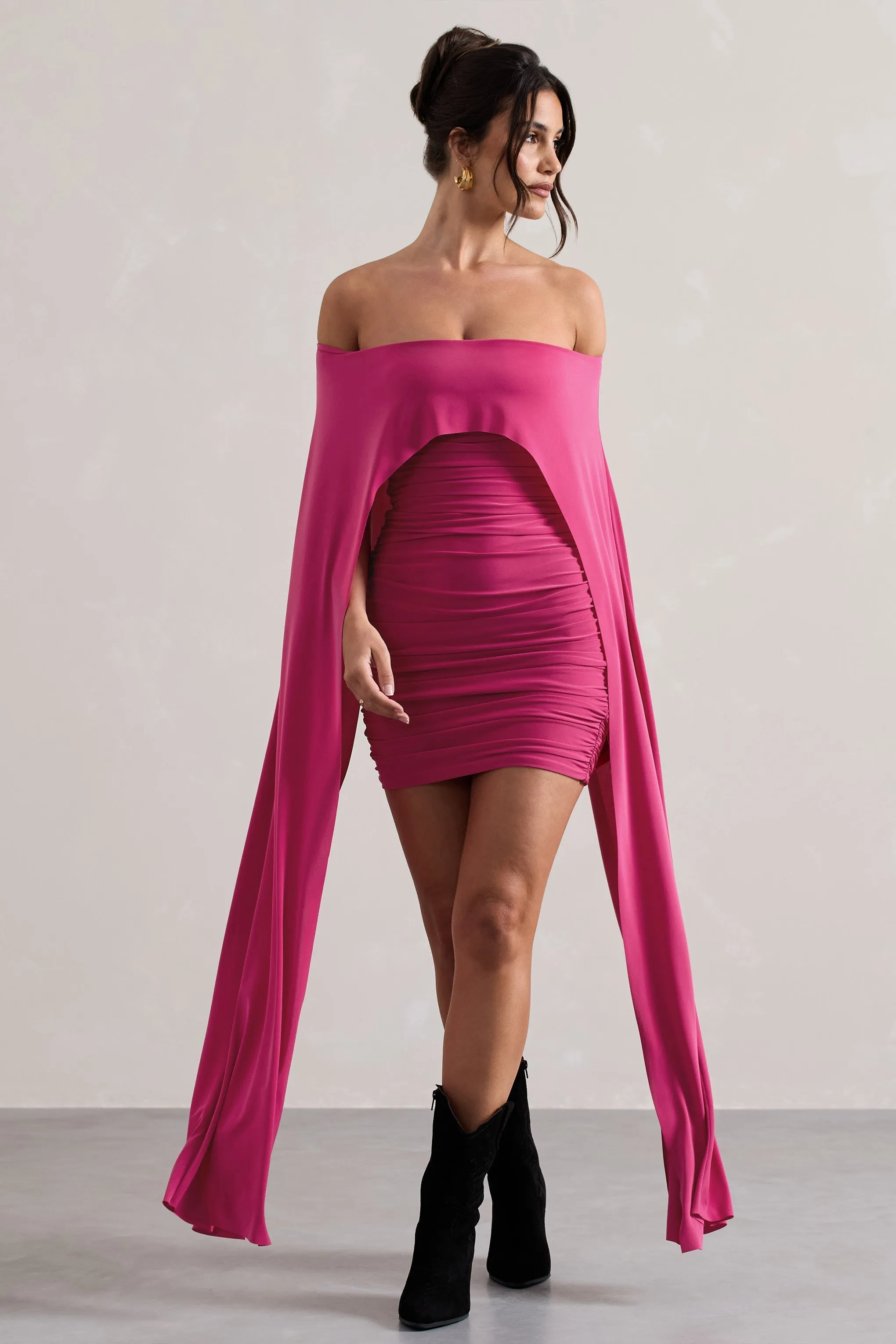 Disco | Dark Pink Bardot Cape Sleeve Mini Dress