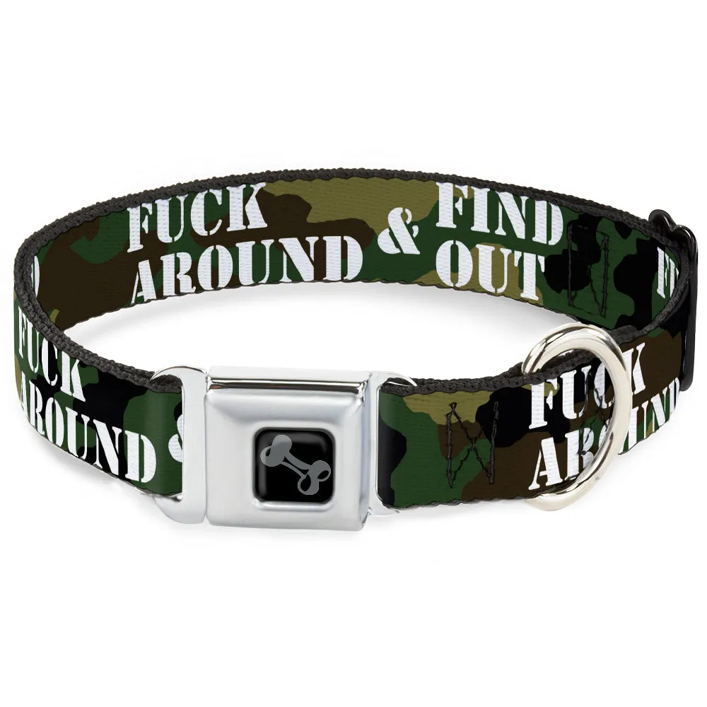 Dog Bone Black/Silver Seatbelt Buckle Collar - FAFO FUCK AROUND & FIND OUT Stencil Camo/White by Buckle-Down