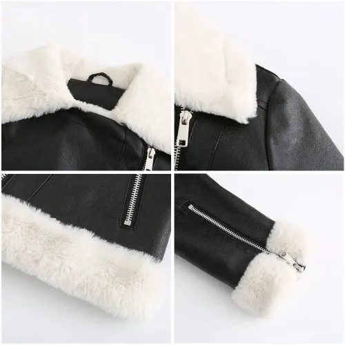 Elegant coats Locomotive Wind Winter Brown Leather Jacket  Fur Warm Short Coat Biker Street wear Leather Jackets