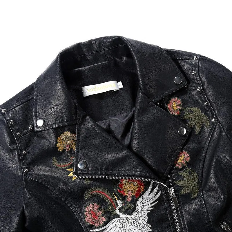 Embroidered leather jacket for women