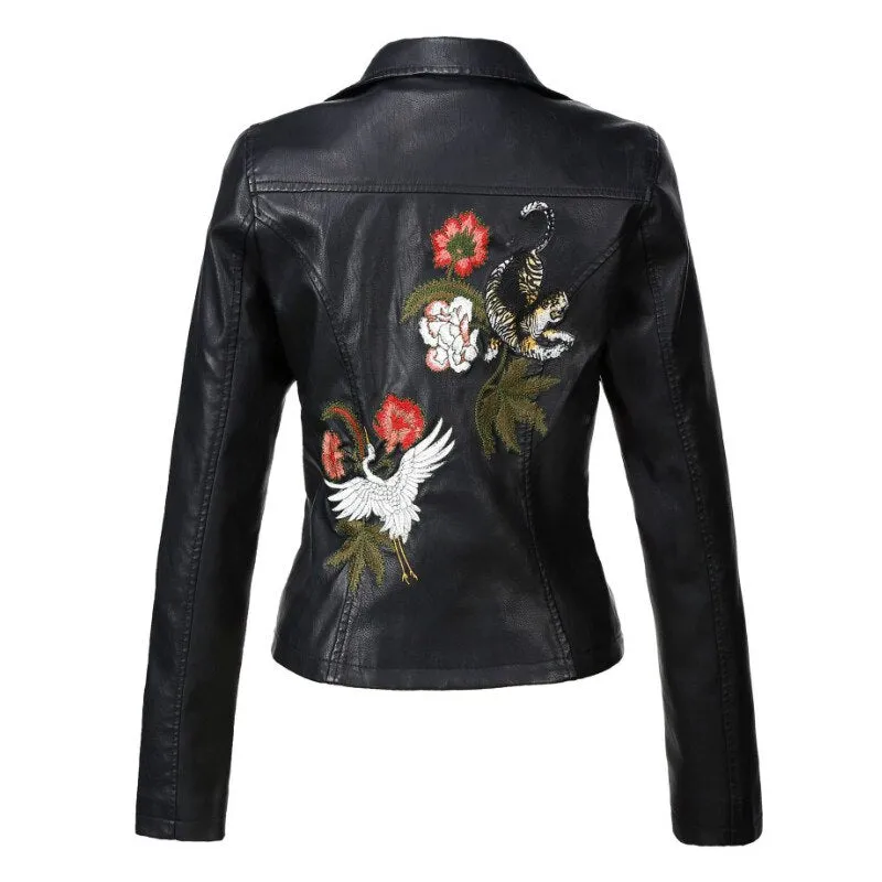 Embroidered leather jacket for women