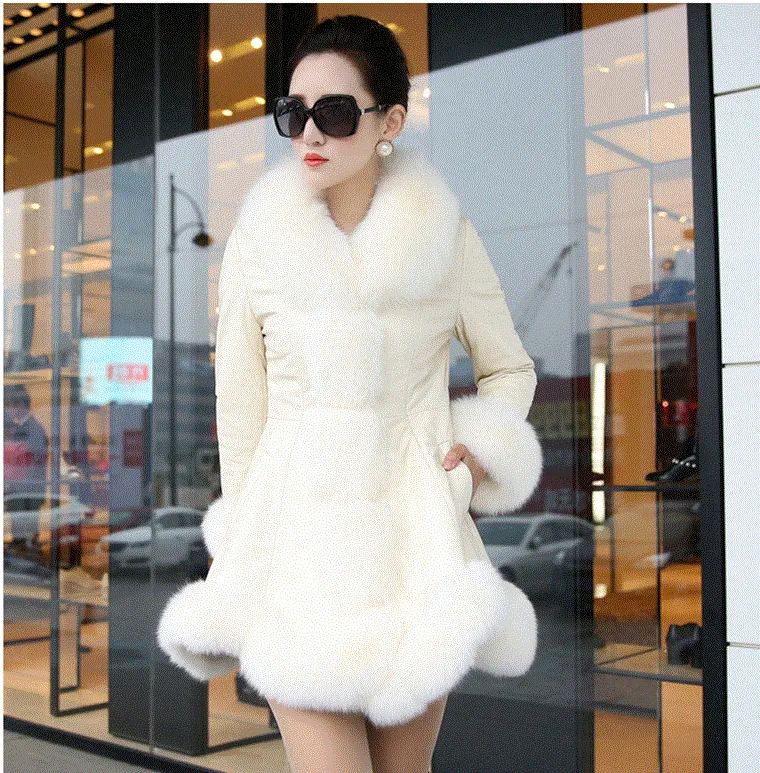 Faux fox fur big fur collar thick warm female leather coat long Women slim fur coat