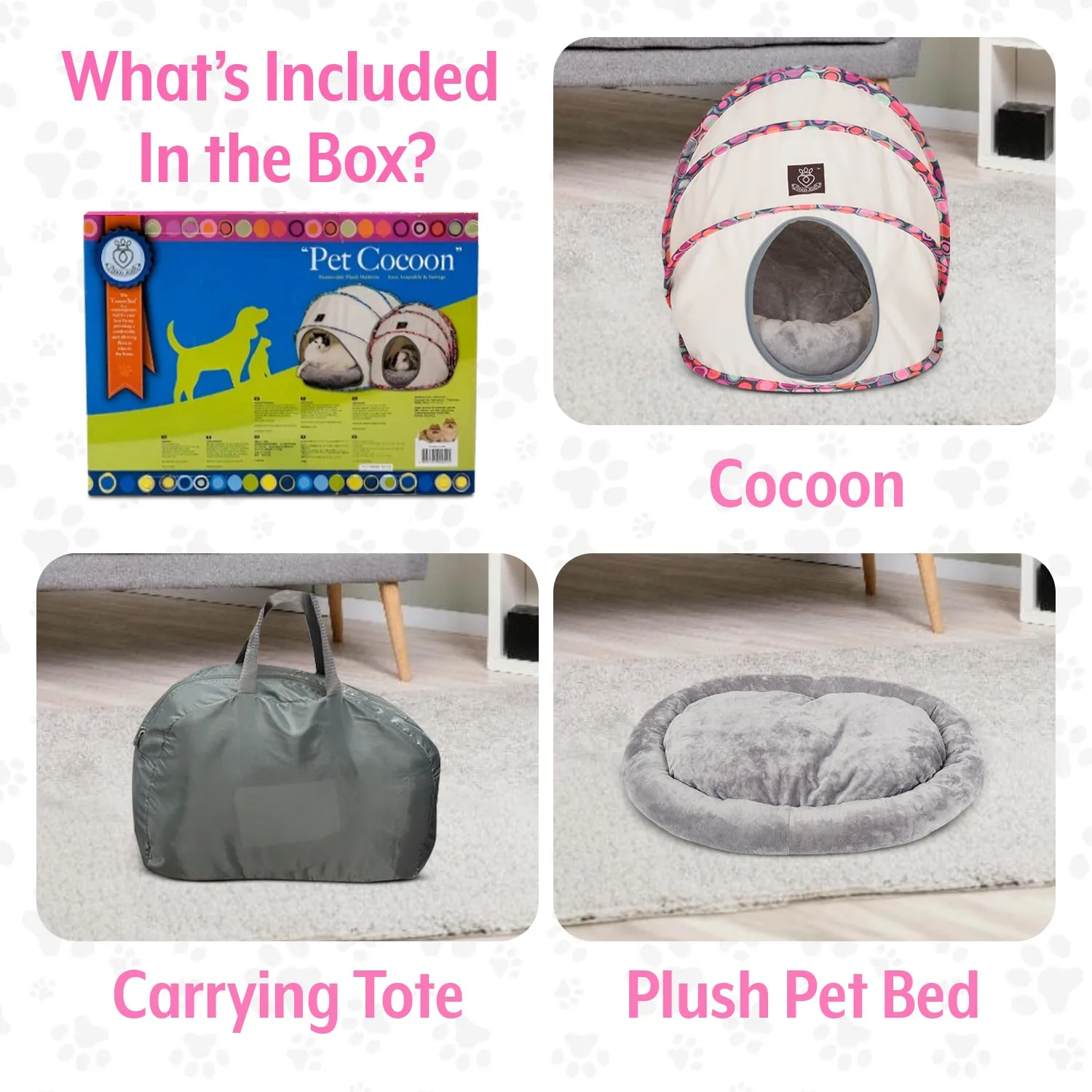 Foldable / Pop Up Cocoon Cave for Dogs, Cats and Companion Animals with Removable Cushion and Convenient Travel Carry Bag, Dog and Cat House with Bed