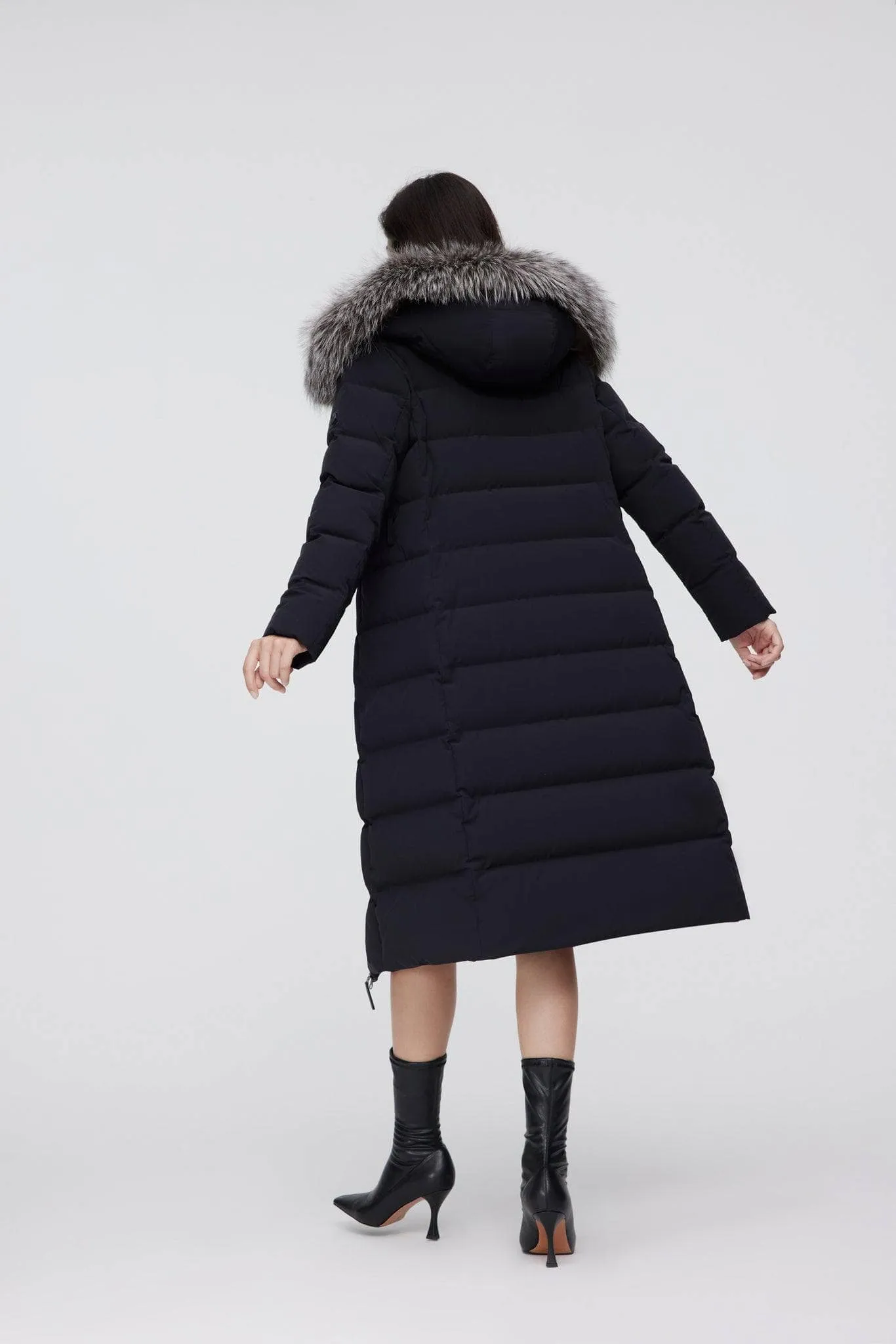 Full Length Hooded Goose Down Jacket With Fur