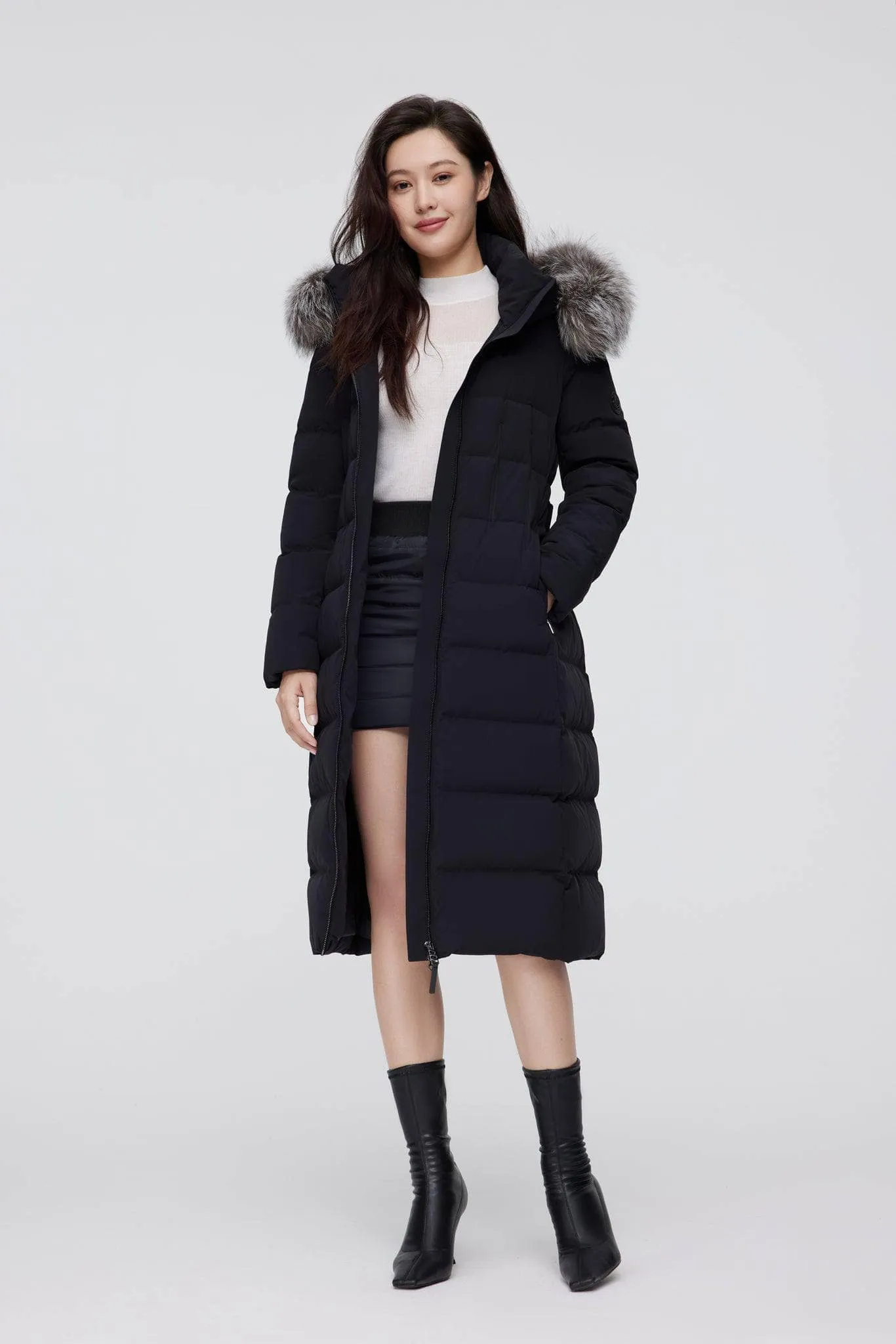 Full Length Hooded Goose Down Jacket With Fur