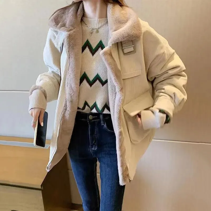 Getadme Biyaby New Autumn Winter Warm Corduroy Jacket Women Casual Loose Thicken Plush Coat Woman Korean Pocket Zipper Lamb Wool Parkas