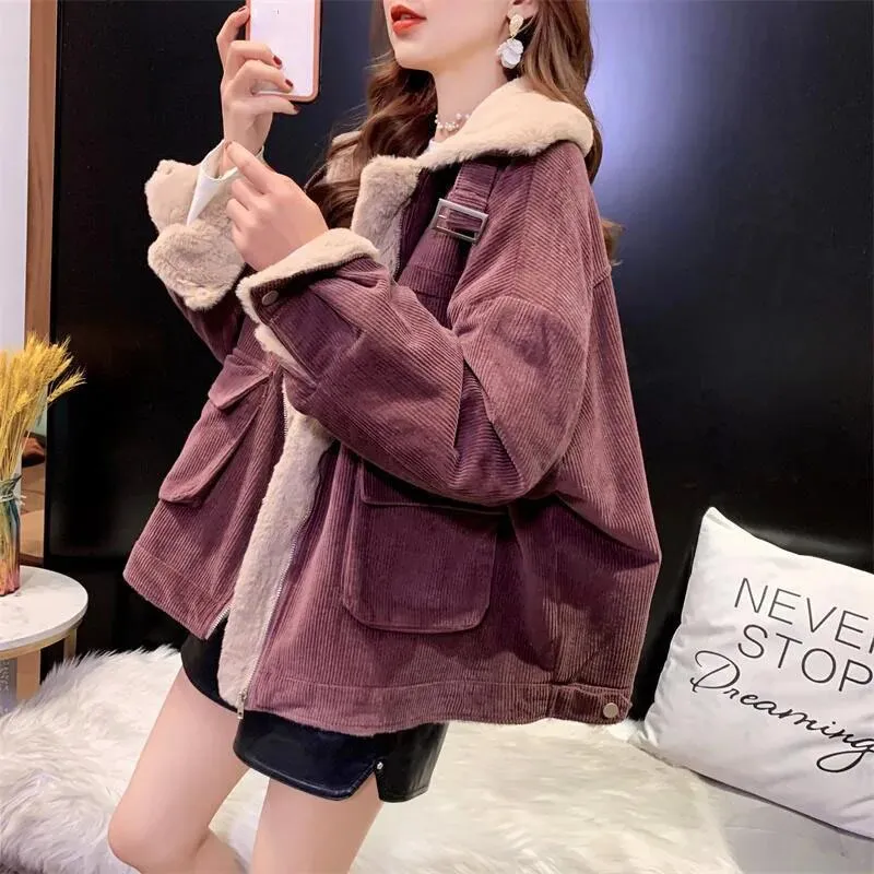 Getadme Biyaby New Autumn Winter Warm Corduroy Jacket Women Casual Loose Thicken Plush Coat Woman Korean Pocket Zipper Lamb Wool Parkas