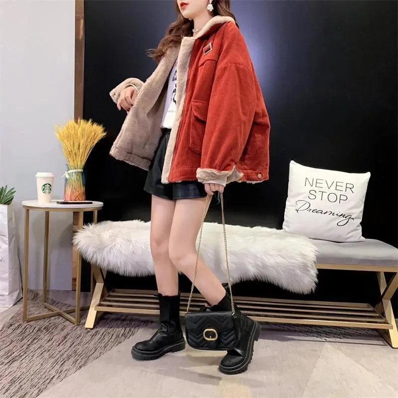 Getadme Biyaby New Autumn Winter Warm Corduroy Jacket Women Casual Loose Thicken Plush Coat Woman Korean Pocket Zipper Lamb Wool Parkas