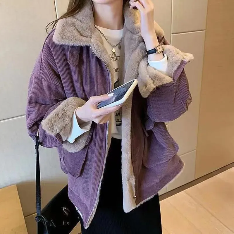 Getadme Biyaby New Autumn Winter Warm Corduroy Jacket Women Casual Loose Thicken Plush Coat Woman Korean Pocket Zipper Lamb Wool Parkas