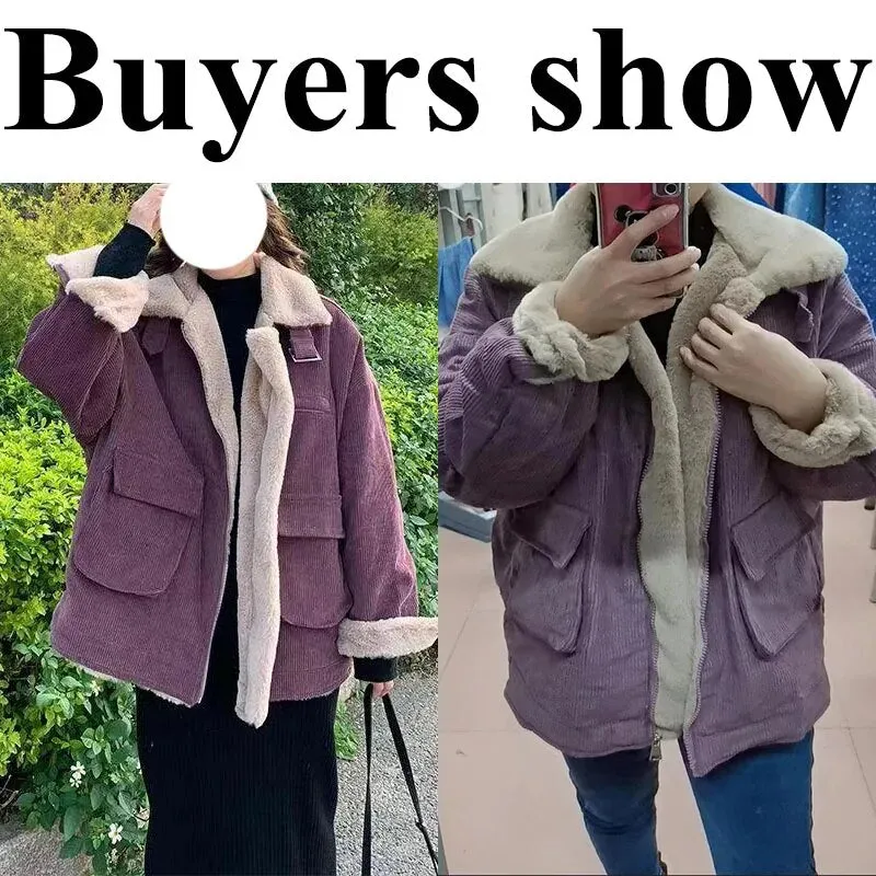 Getadme Biyaby New Autumn Winter Warm Corduroy Jacket Women Casual Loose Thicken Plush Coat Woman Korean Pocket Zipper Lamb Wool Parkas