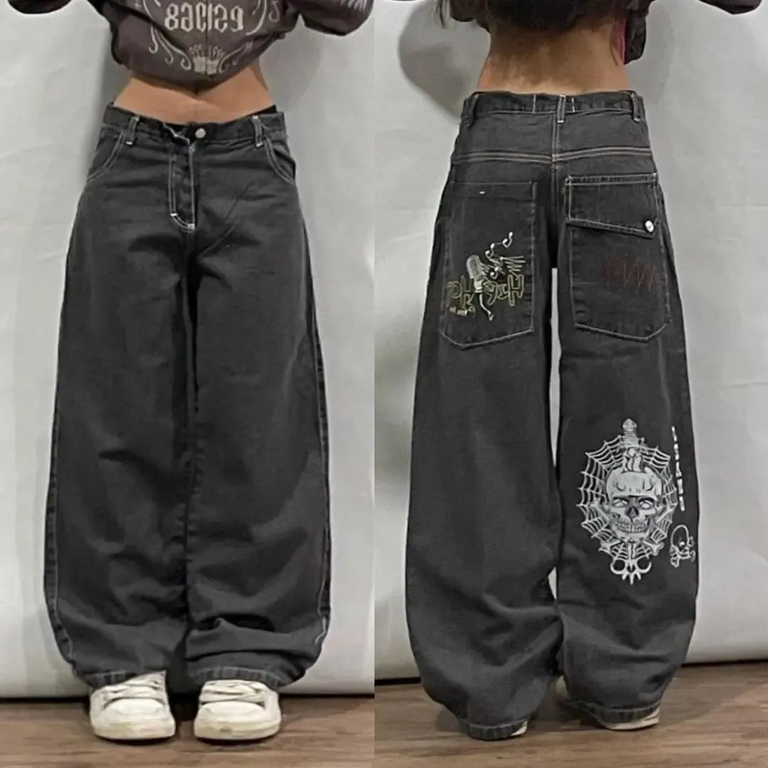 Getadme Fashionable Oversized Skull Print High Waisted Wide Leg Jeans Women's Harajuku Personalized Street Casual Loose Pants Sweatpants