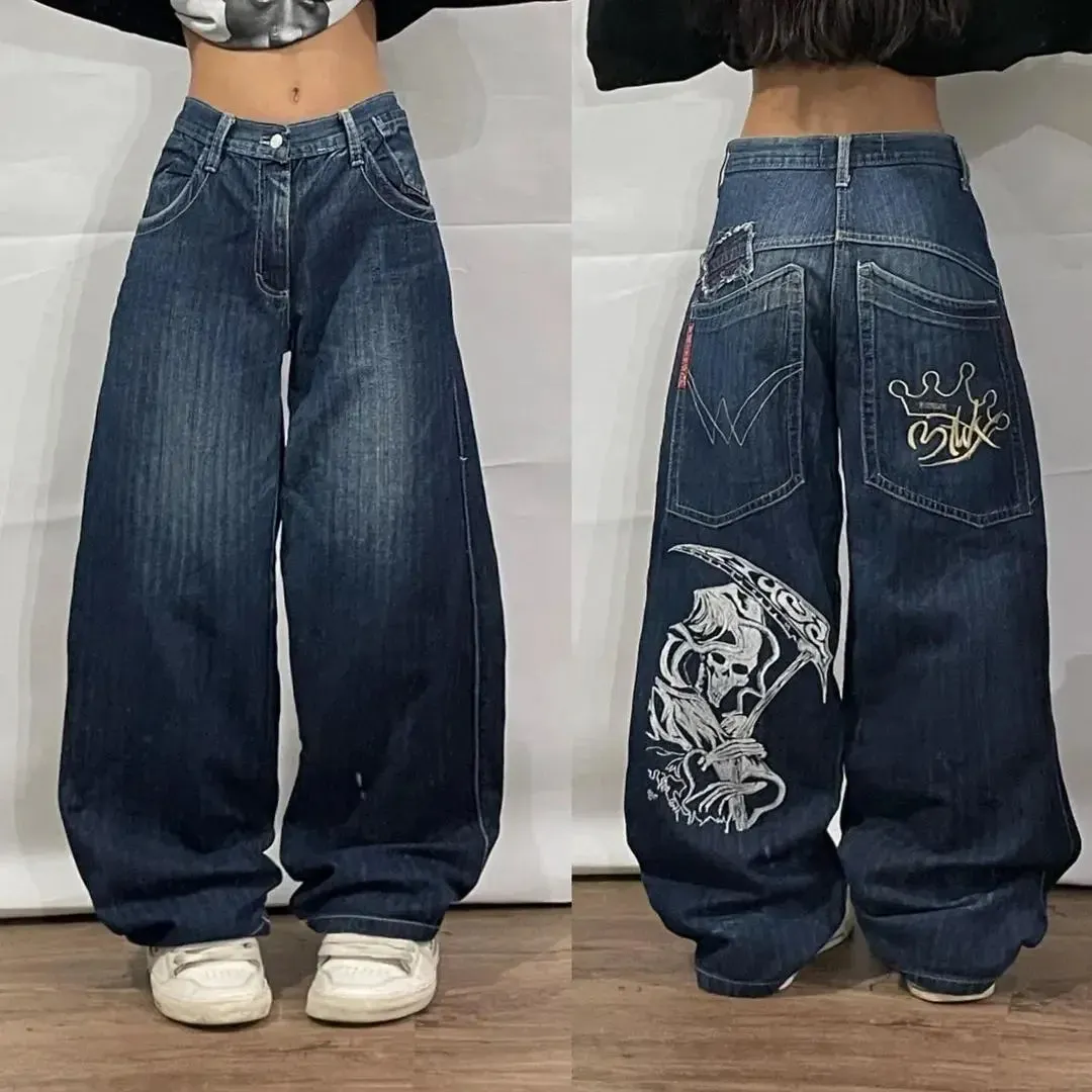 Getadme Fashionable Oversized Skull Print High Waisted Wide Leg Jeans Women's Harajuku Personalized Street Casual Loose Pants Sweatpants