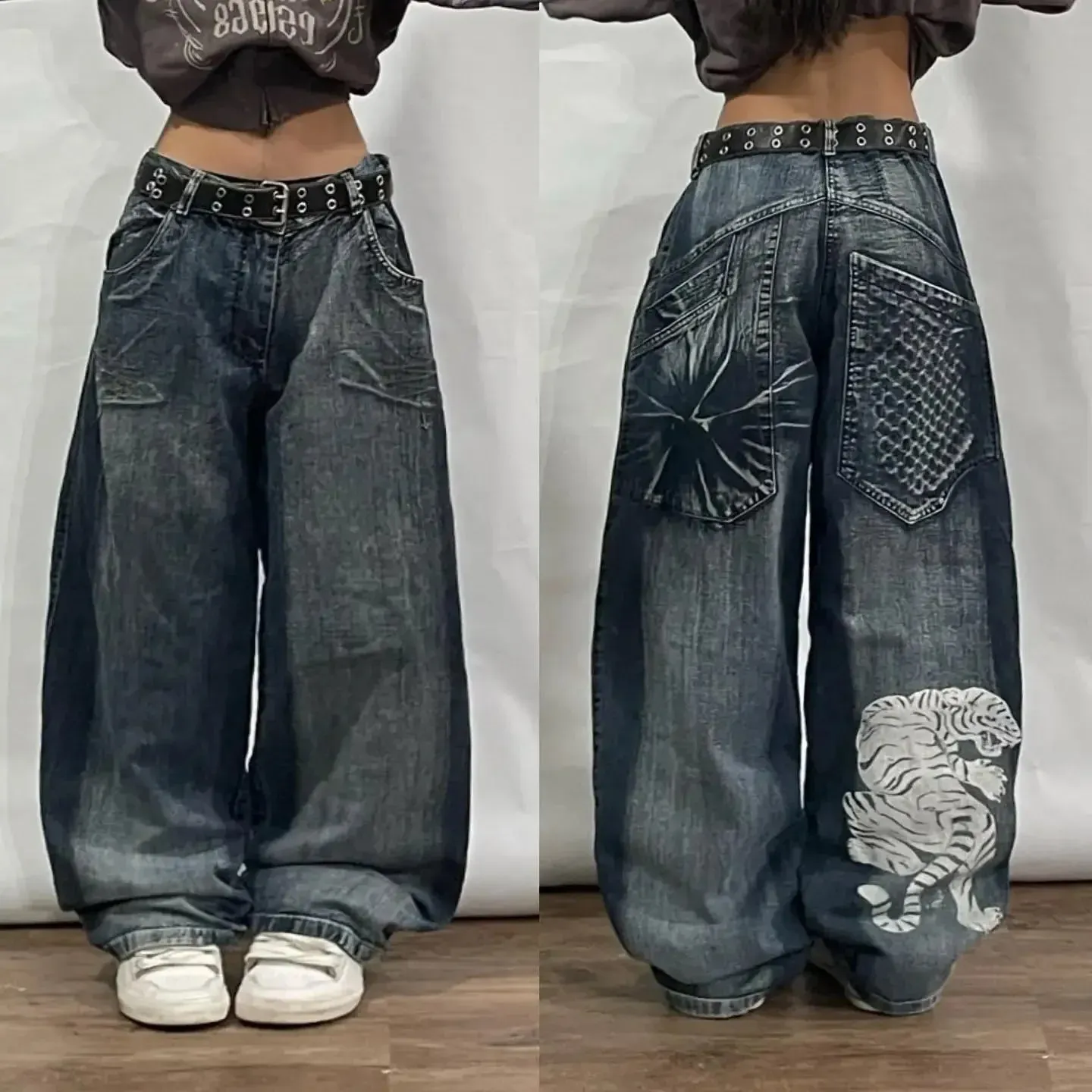 Getadme Fashionable Oversized Skull Print High Waisted Wide Leg Jeans Women's Harajuku Personalized Street Casual Loose Pants Sweatpants