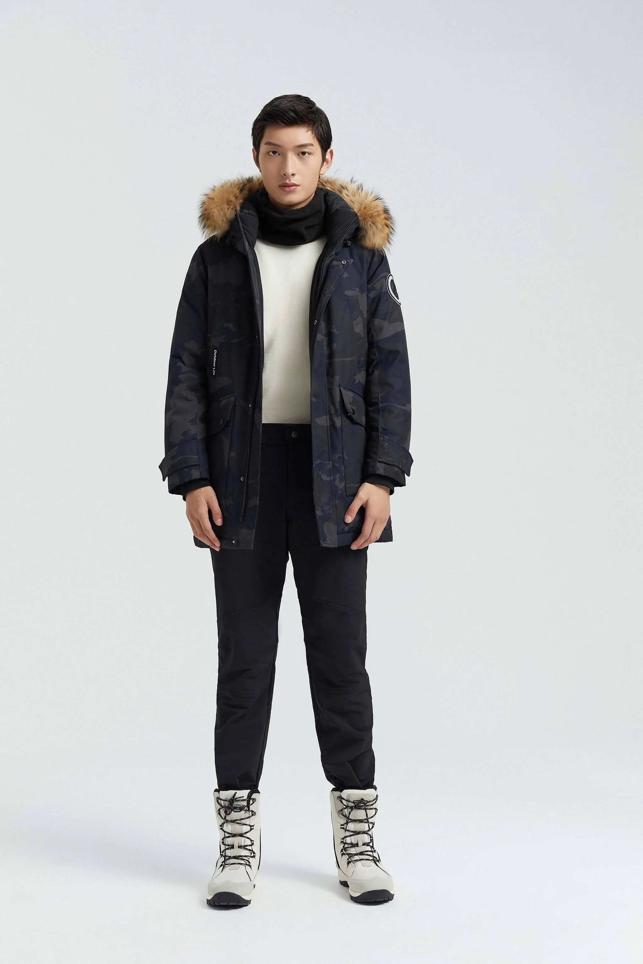 Goose Down Hooded Parka with Fur Trim