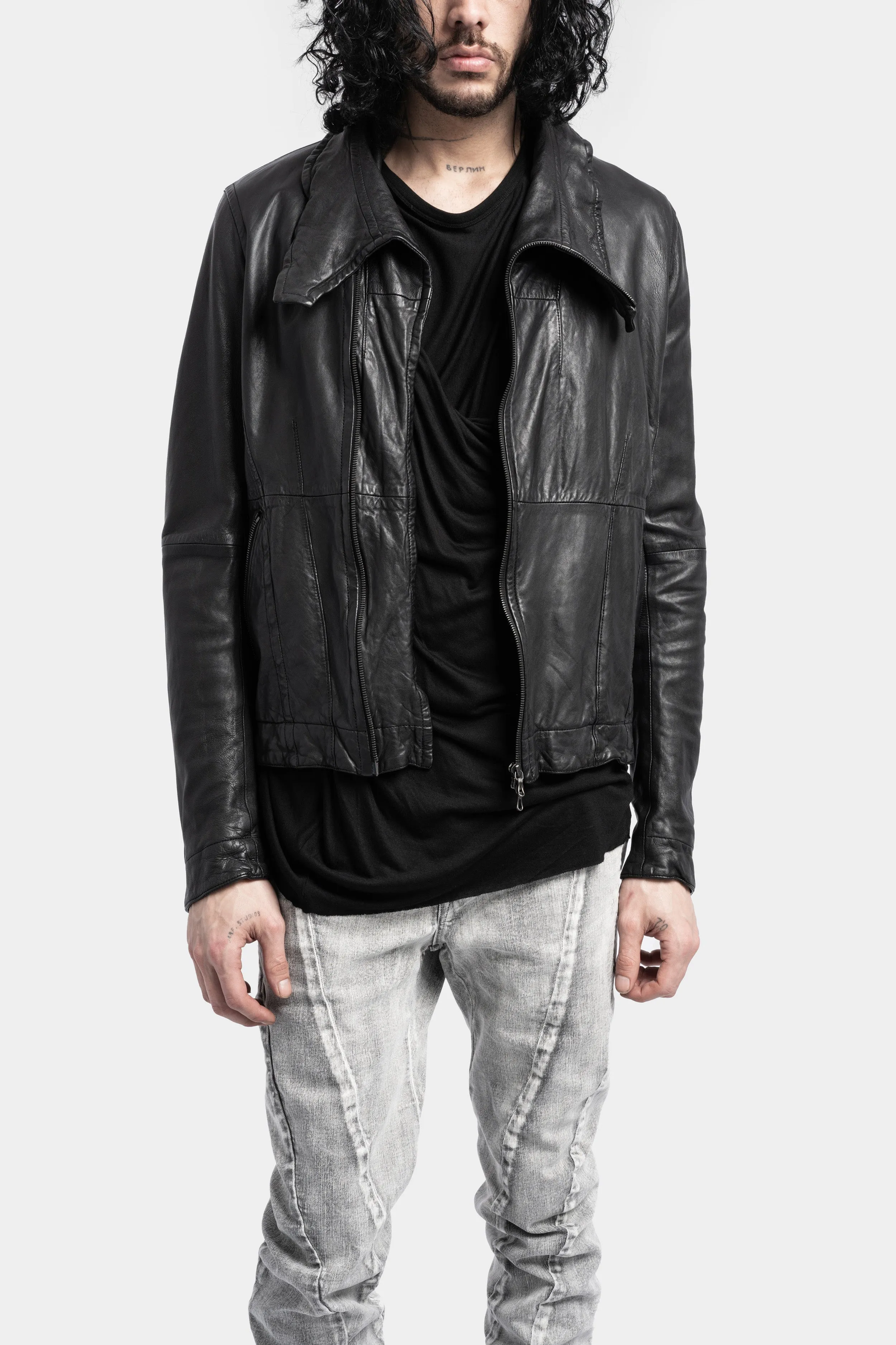 High neck cropped lamb leather jacket