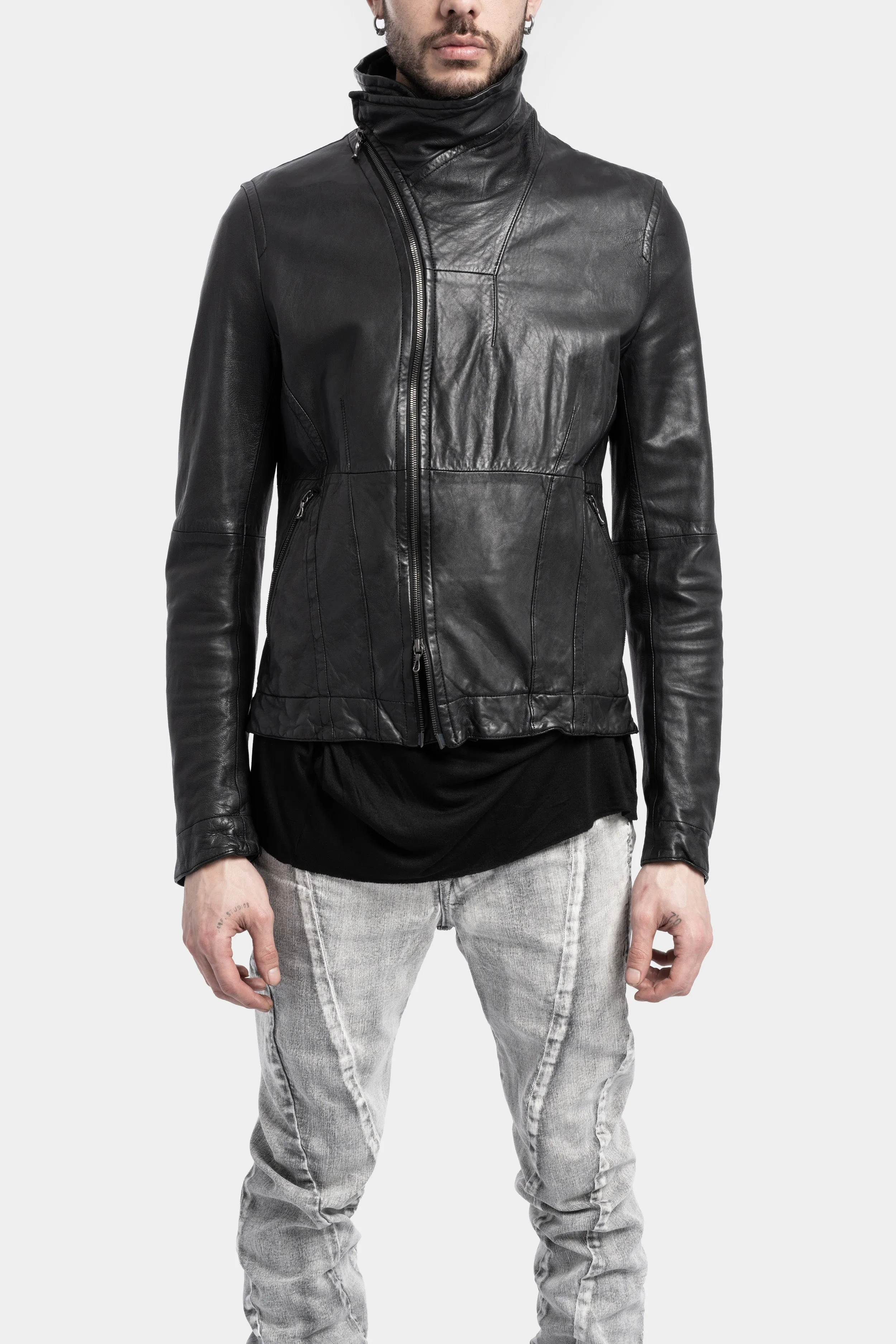 High neck cropped lamb leather jacket