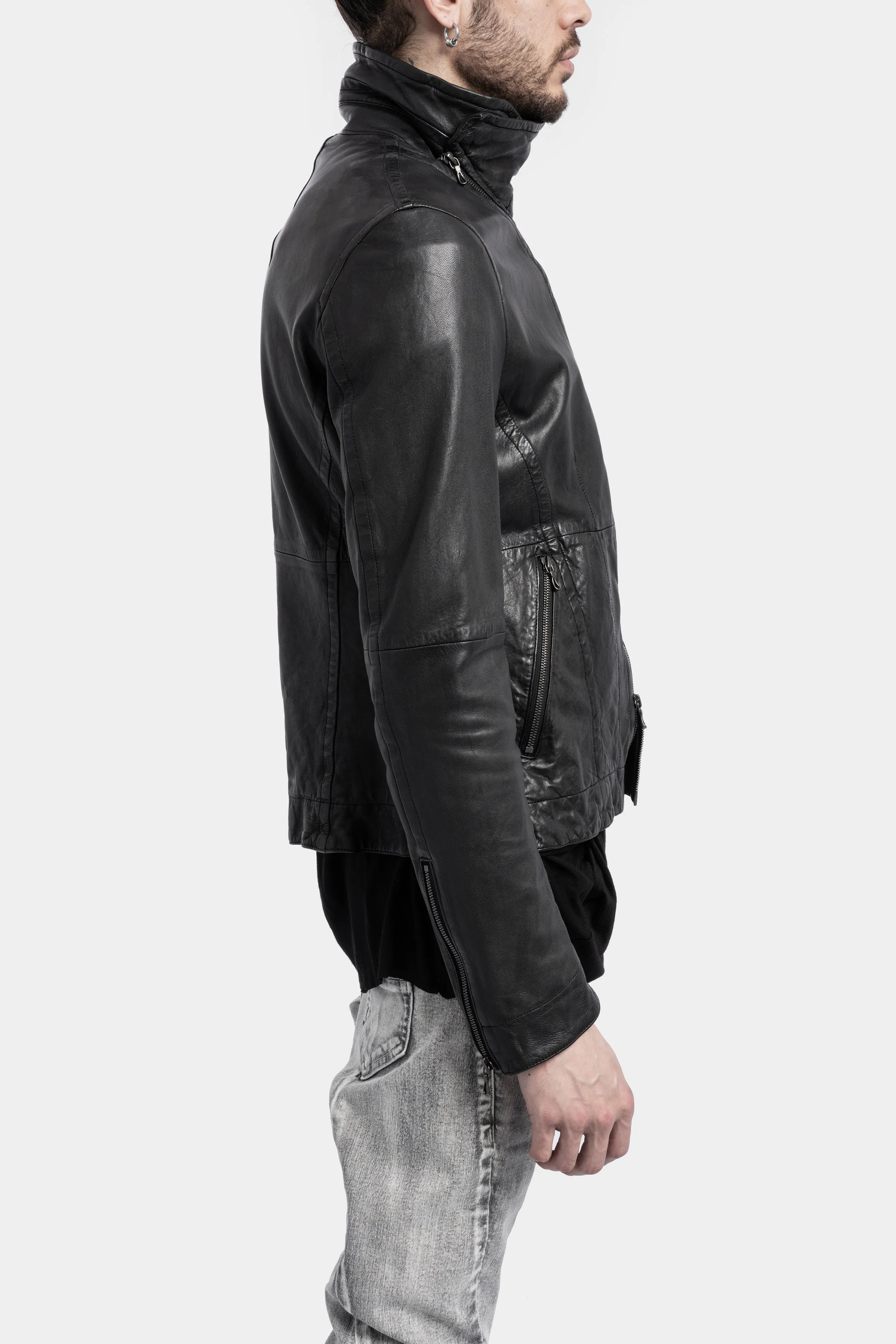 High neck cropped lamb leather jacket