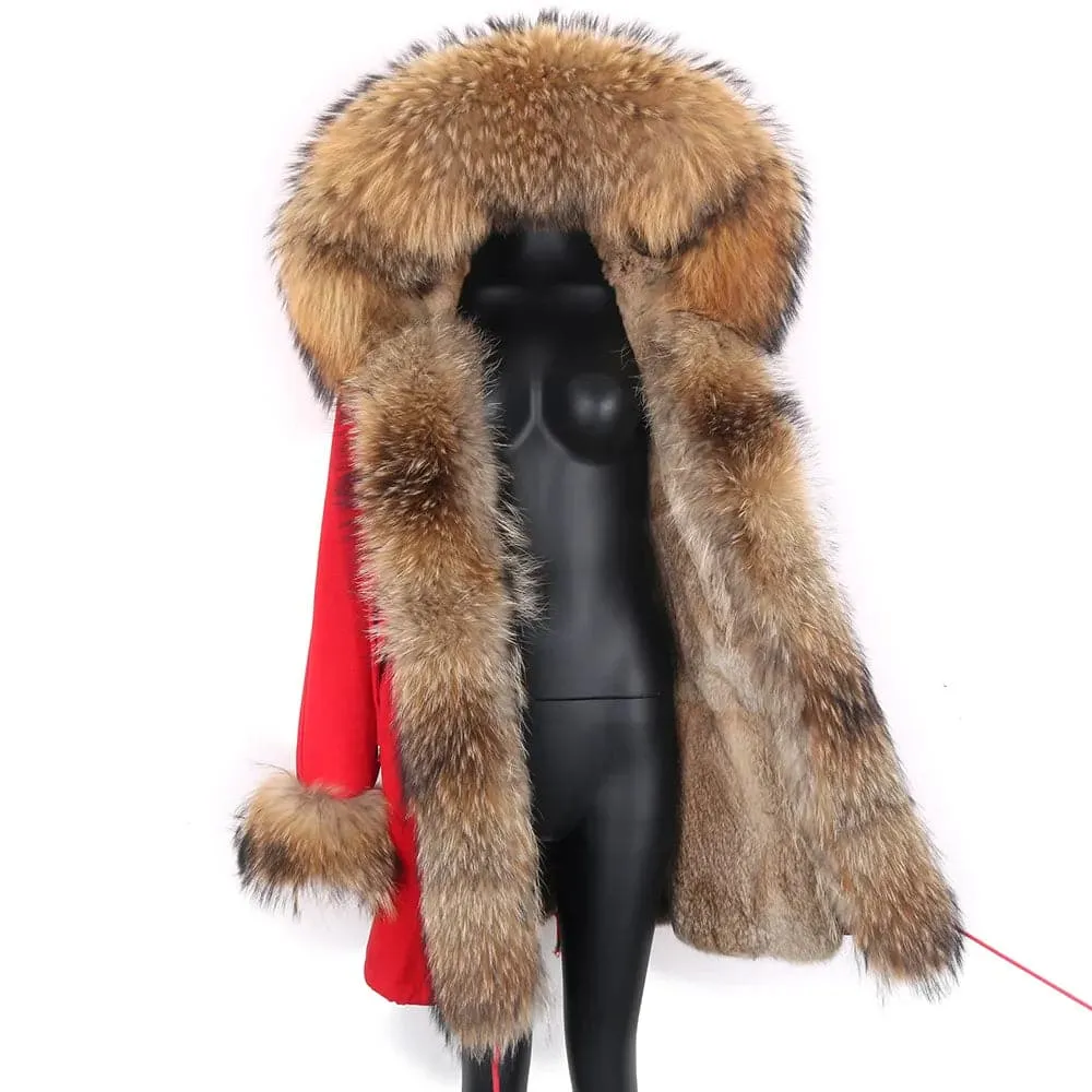 Hooded Rabbit Fur Waterproof Parkas with Real Raccoon & Fox Fur Placket