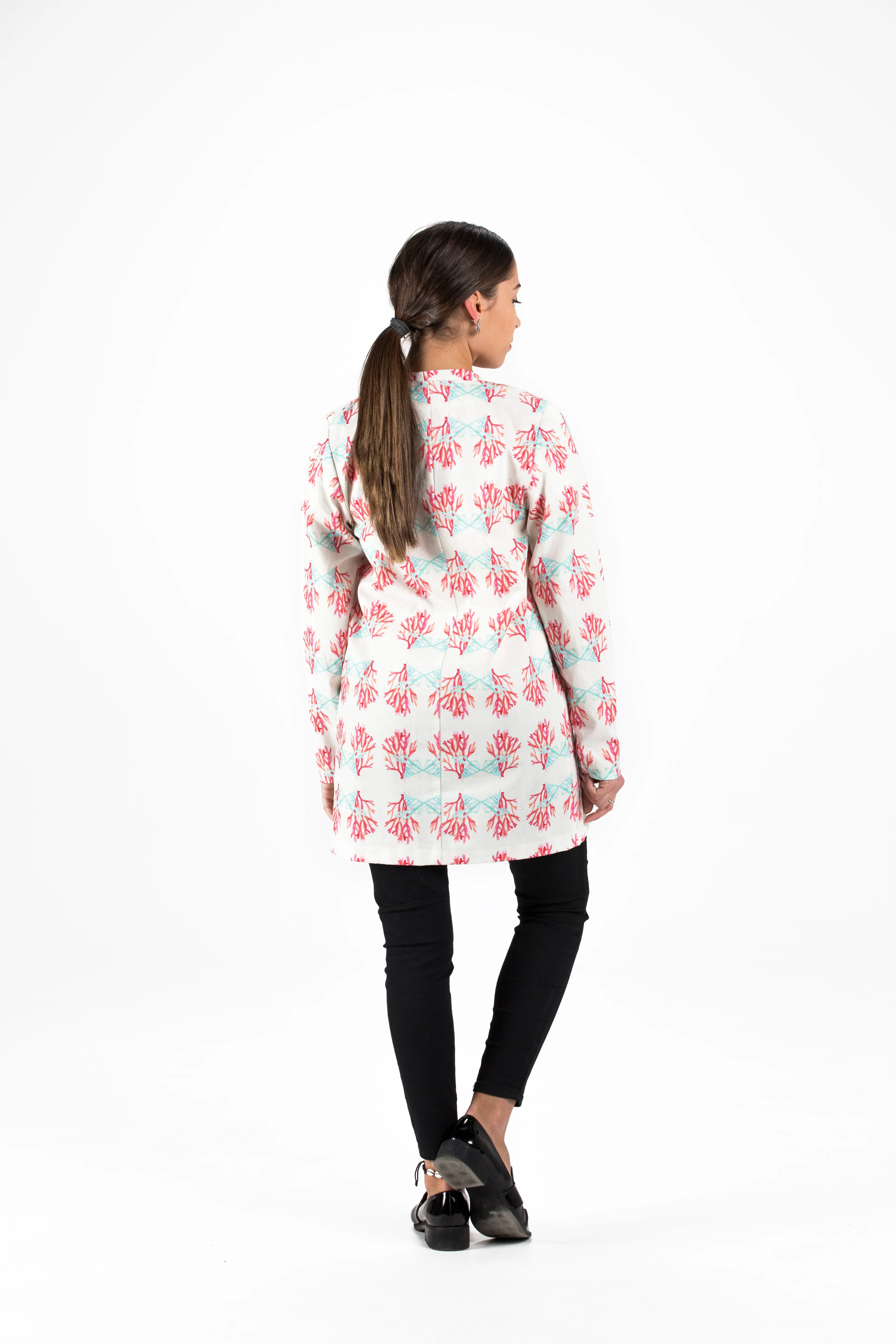 Hot Pink Coral Allover Print Coat with Oversized Pocket