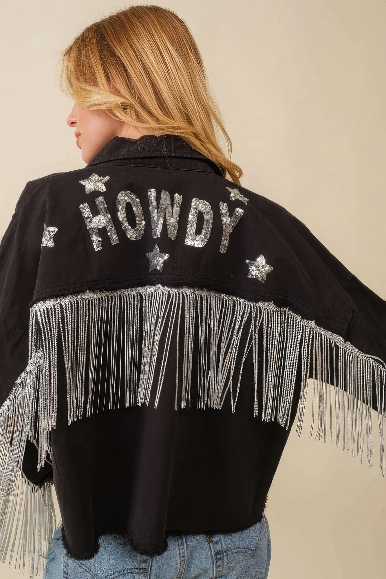 Howdy sequin fringe and star patches jacket