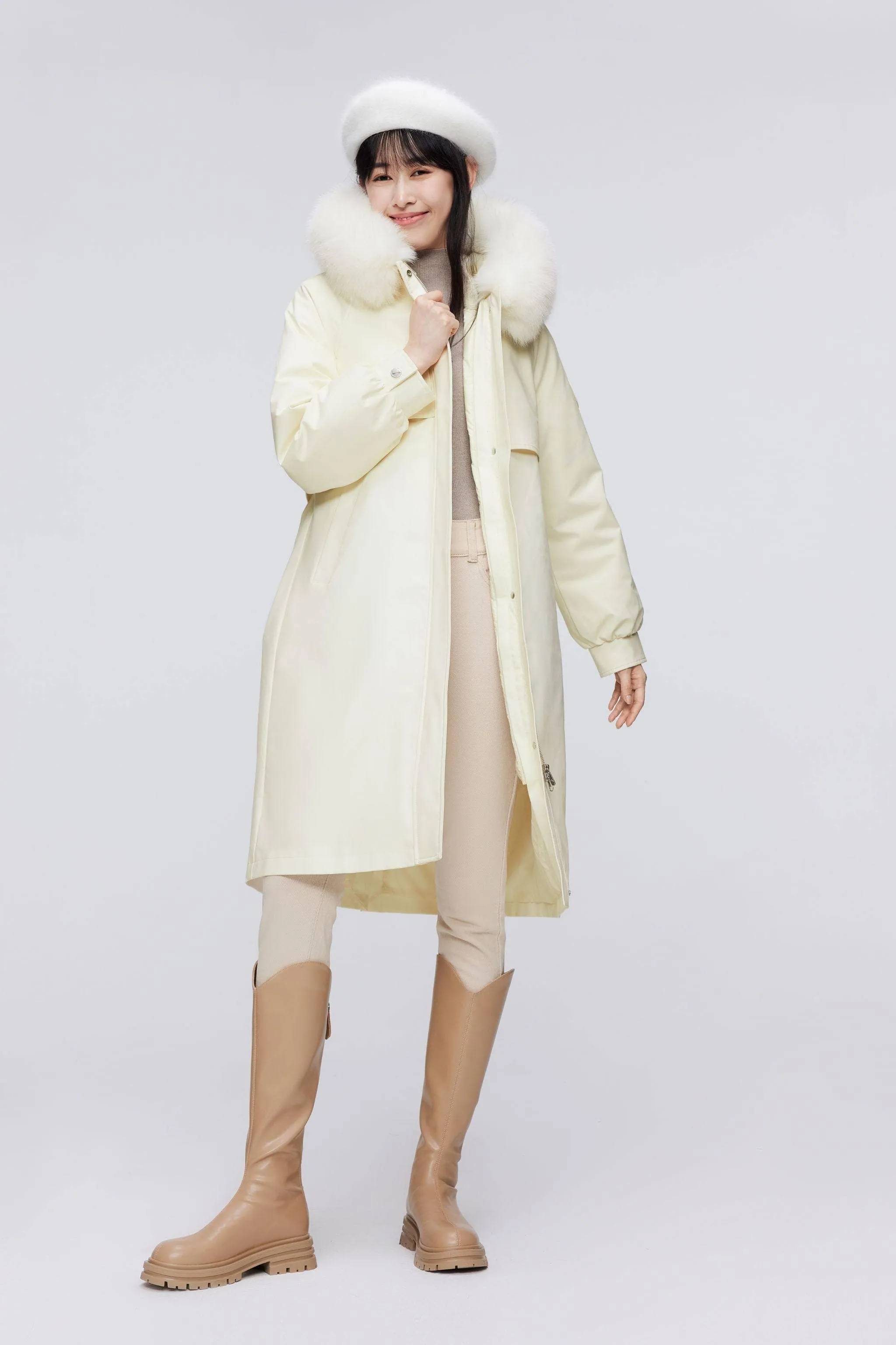 Knee Length Fox Fur Down Parka