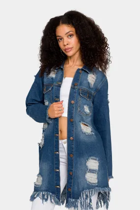 Long Distressed Denim Jean Jacket