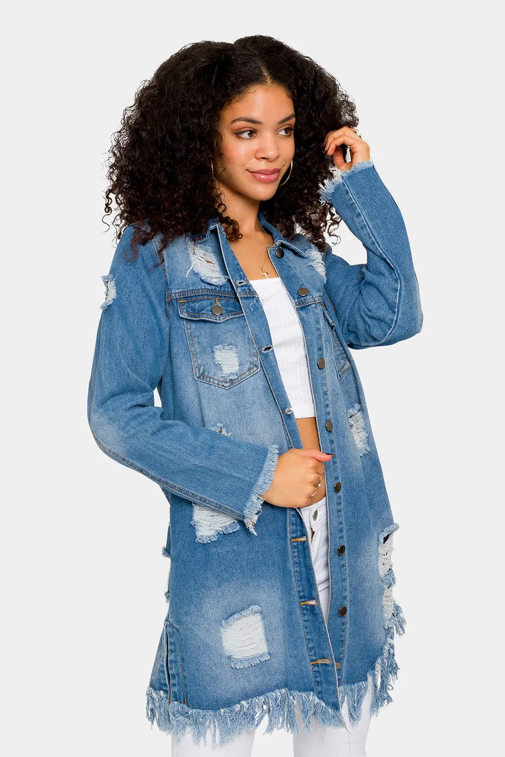 Long Distressed Denim Jean Jacket