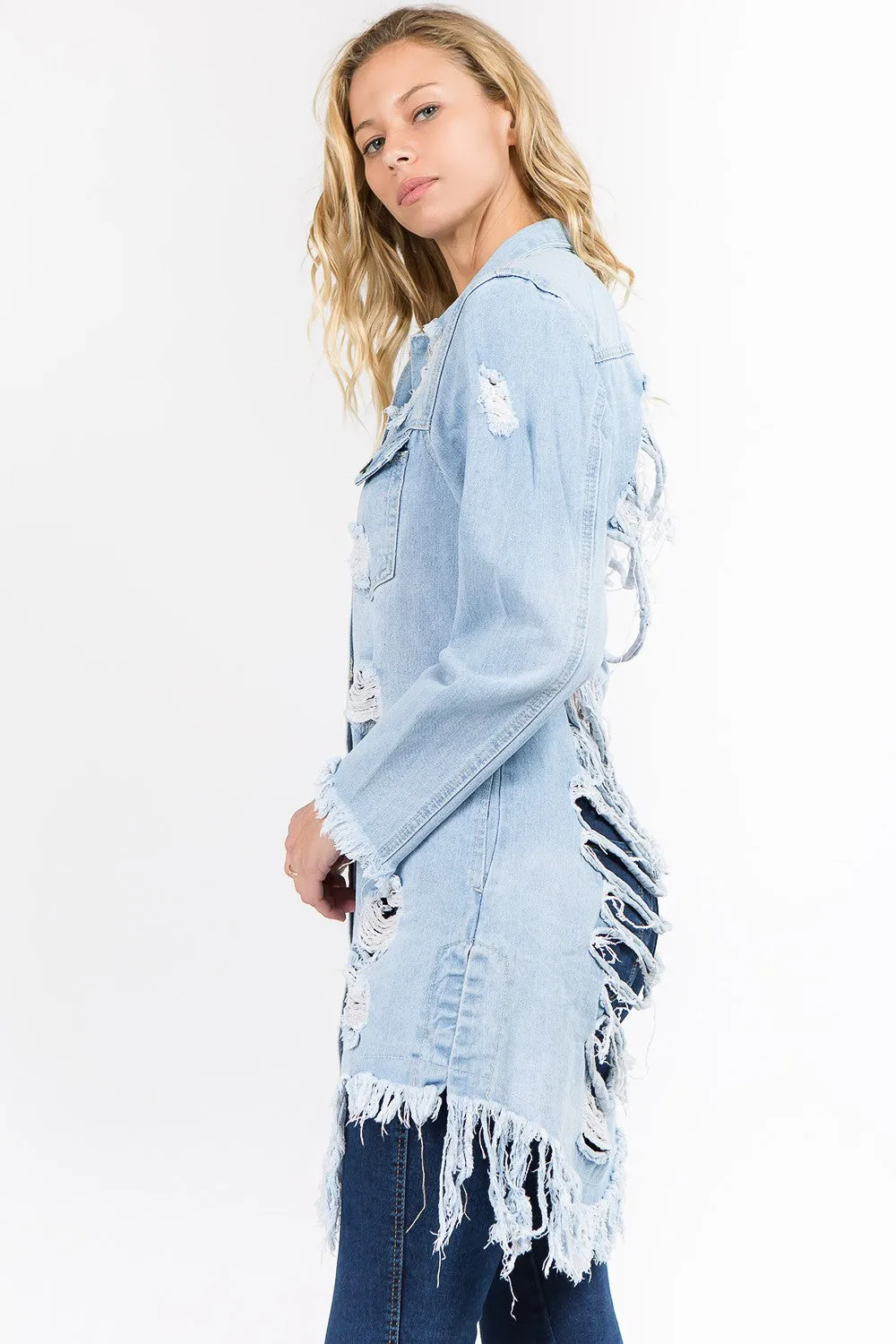 Long Distressed Denim Jean Jacket