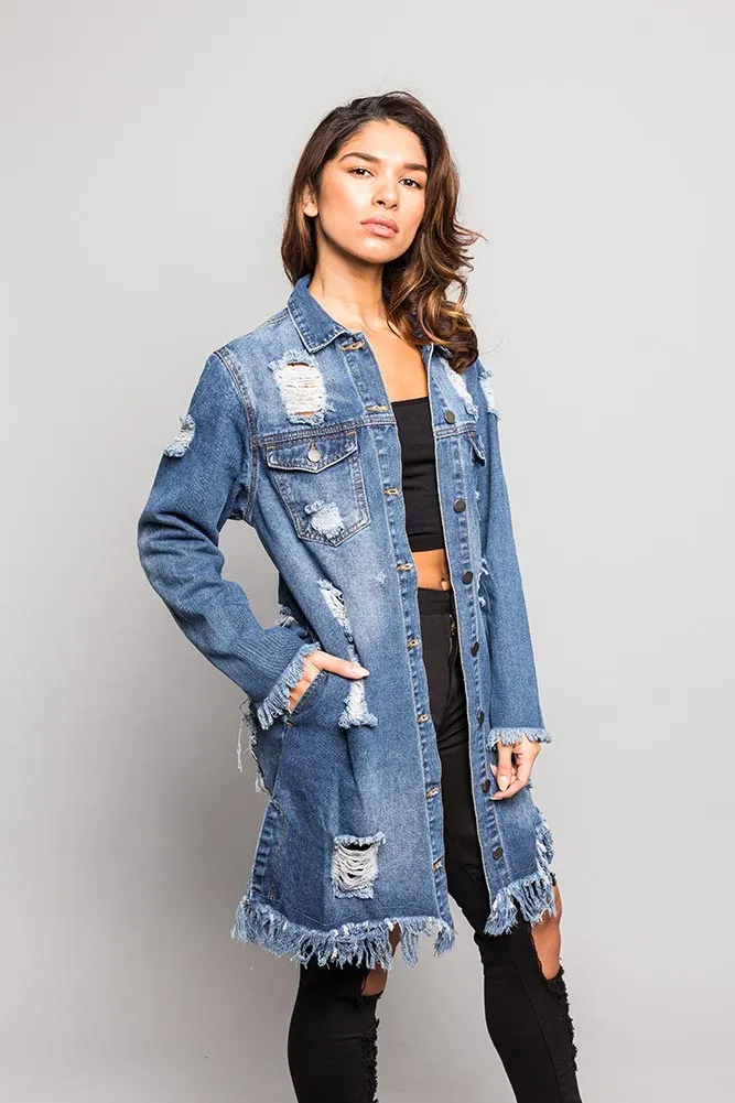 Long Distressed Denim Jean Jacket