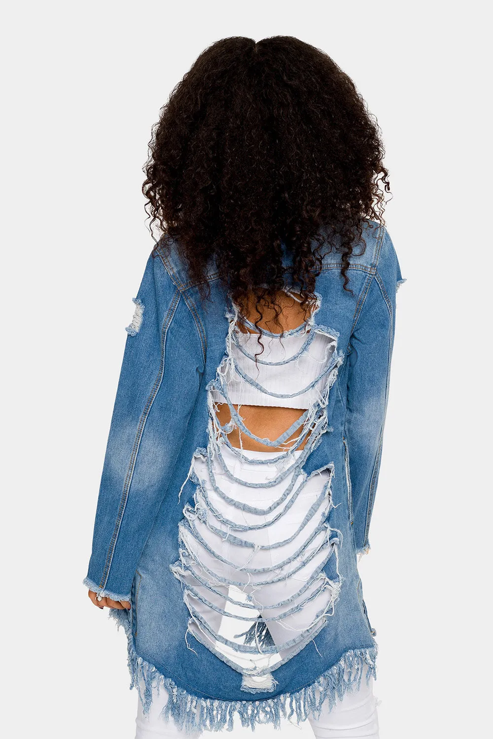 Long Distressed Denim Jean Jacket