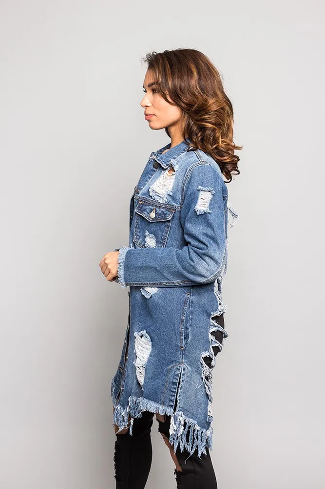 Long Distressed Denim Jean Jacket