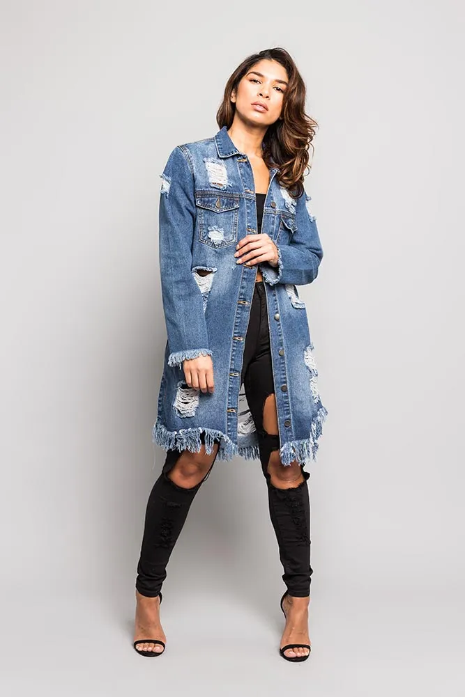 Long Distressed Denim Jean Jacket