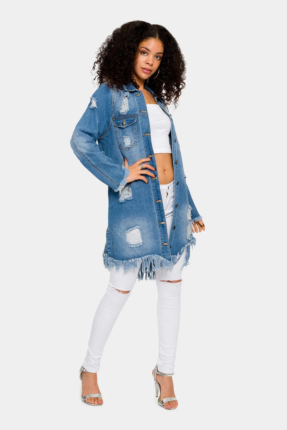 Long Distressed Denim Jean Jacket