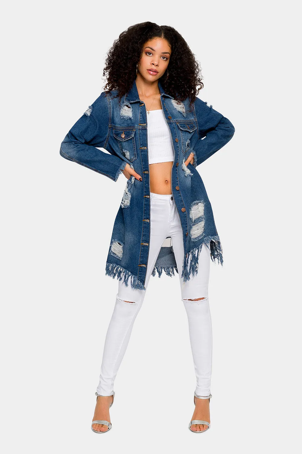 Long Distressed Denim Jean Jacket