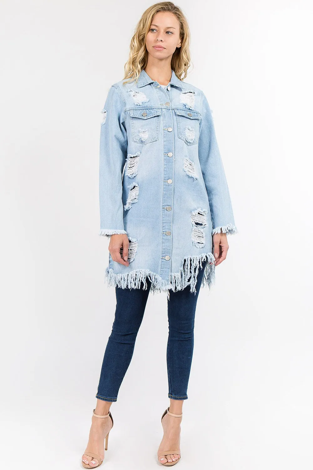 Long Distressed Denim Jean Jacket