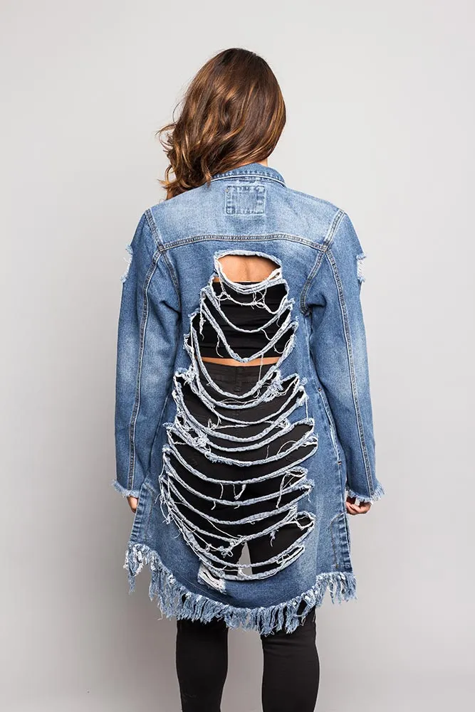 Long Distressed Denim Jean Jacket