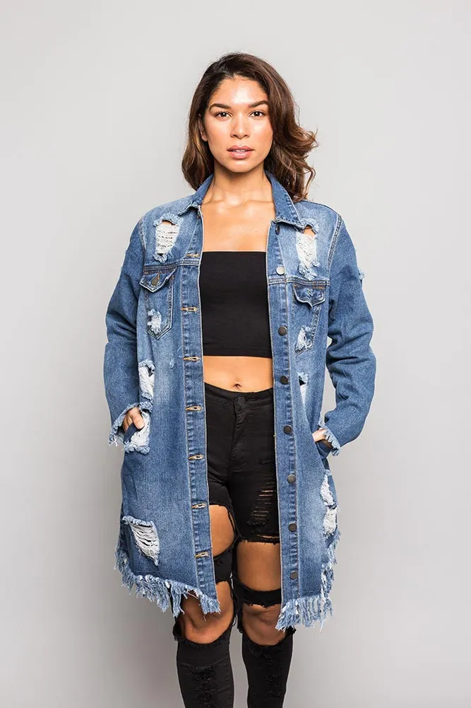 Long Distressed Denim Jean Jacket