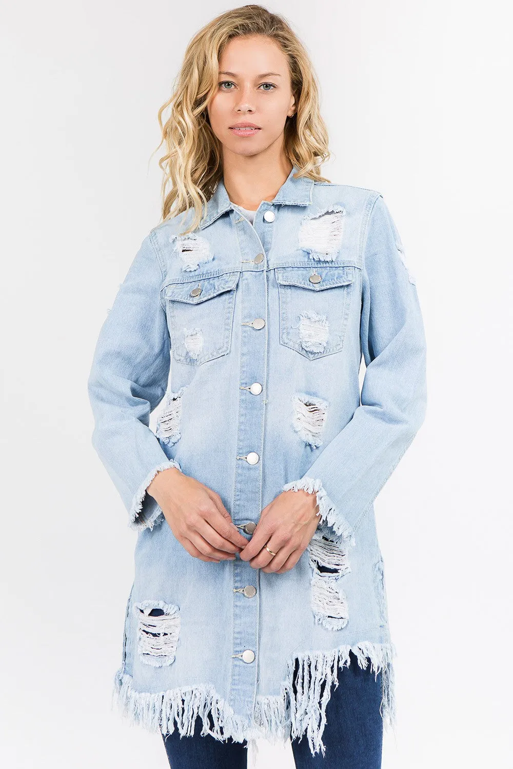 Long Distressed Denim Jean Jacket