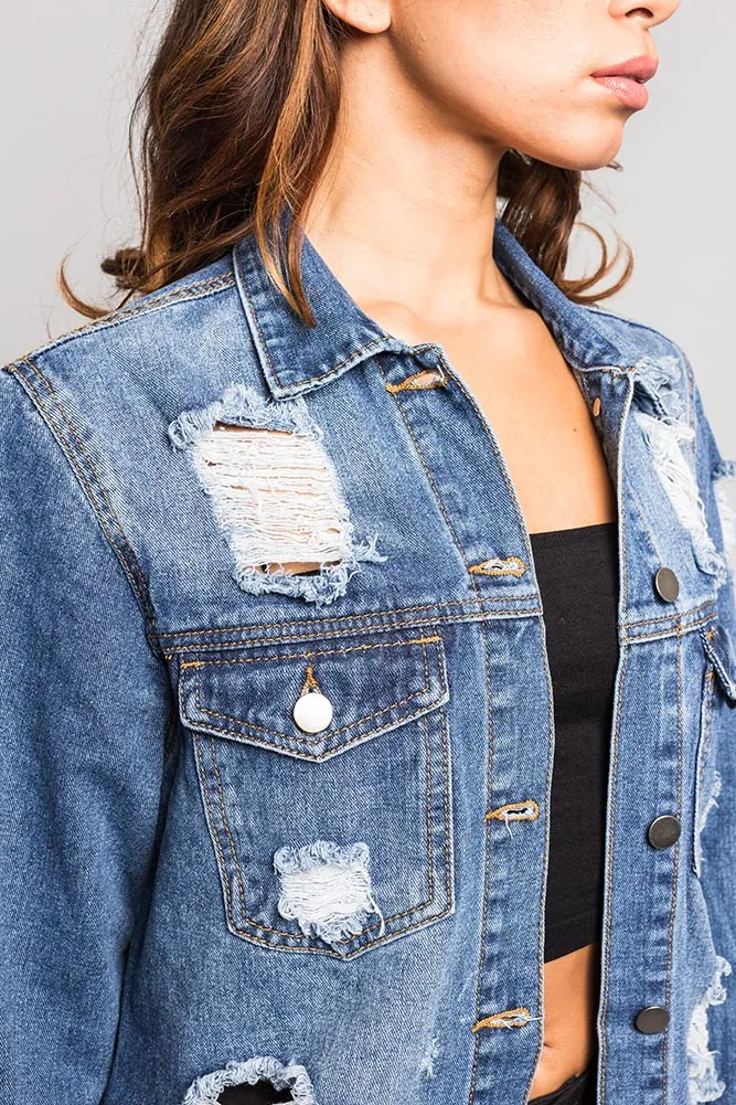 Long Distressed Denim Jean Jacket