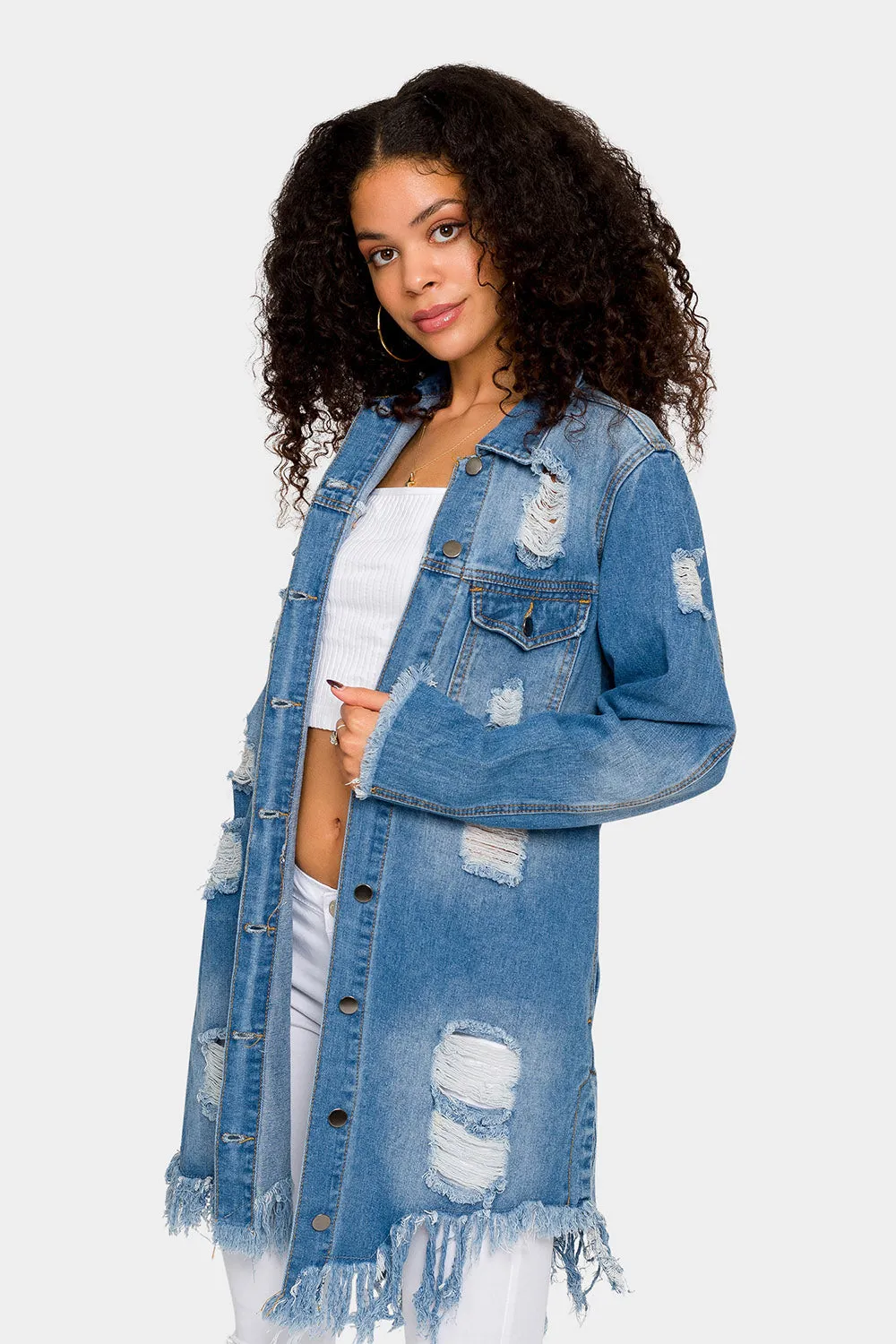 Long Distressed Denim Jean Jacket