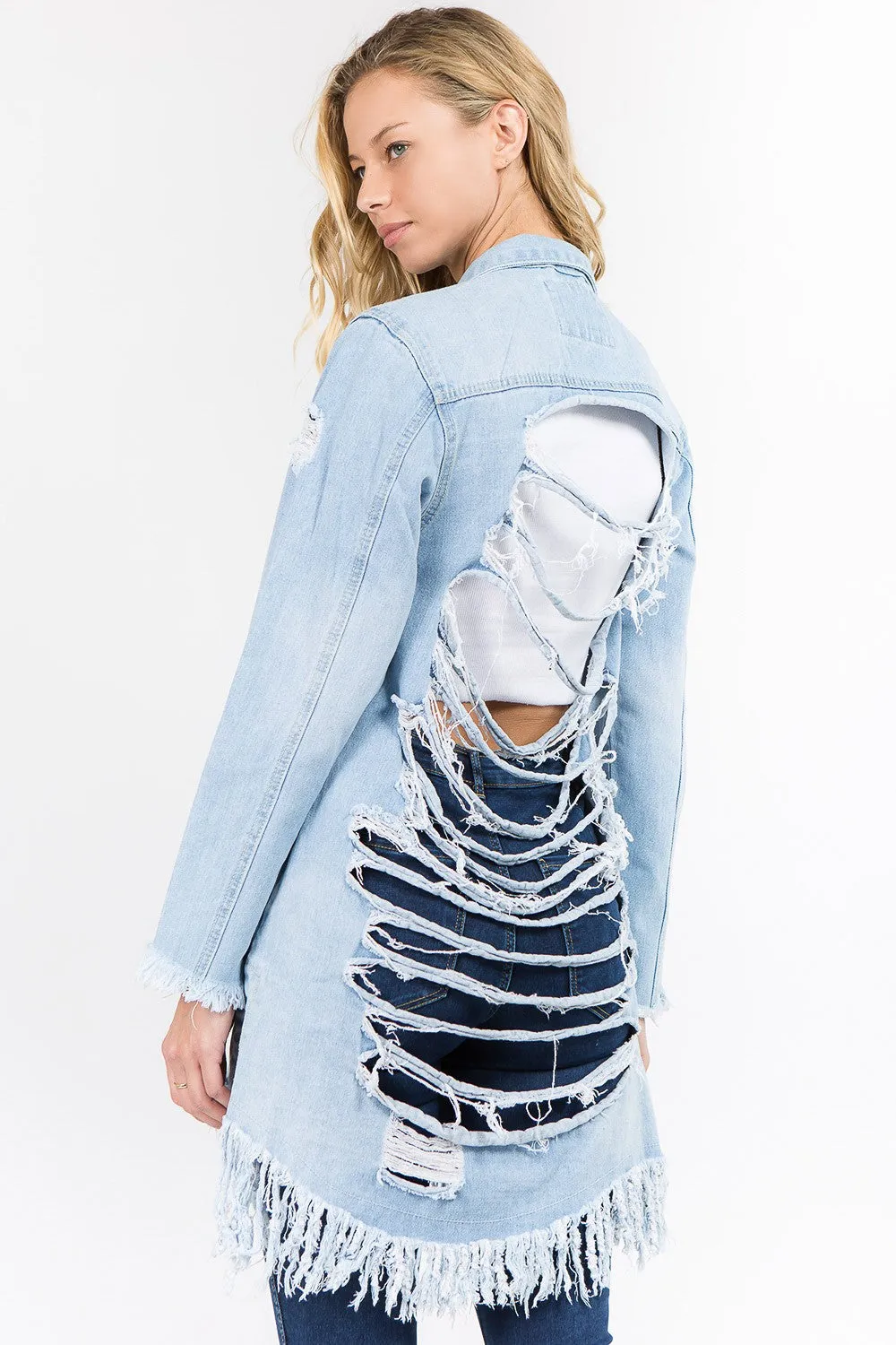 Long Distressed Denim Jean Jacket