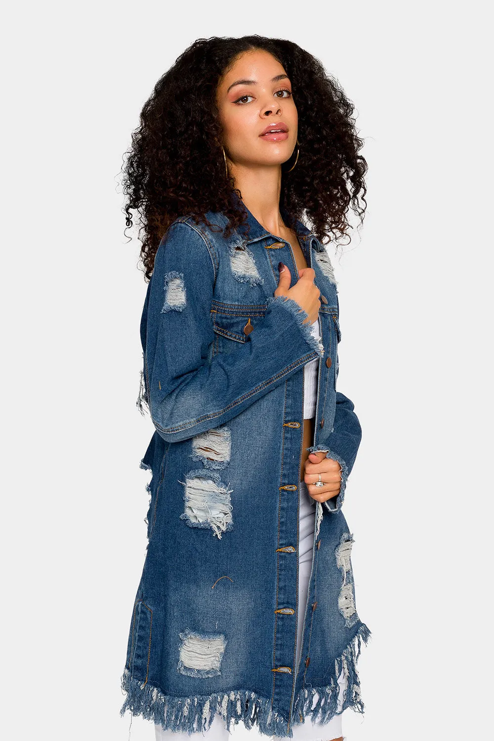 Long Distressed Denim Jean Jacket