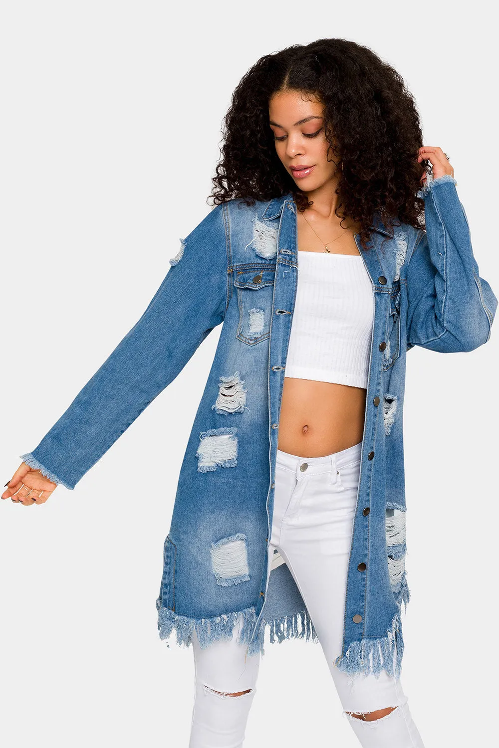 Long Distressed Denim Jean Jacket