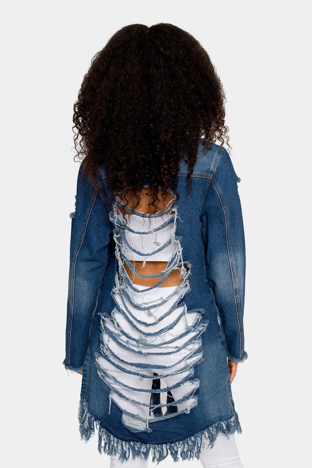 Long Distressed Denim Jean Jacket