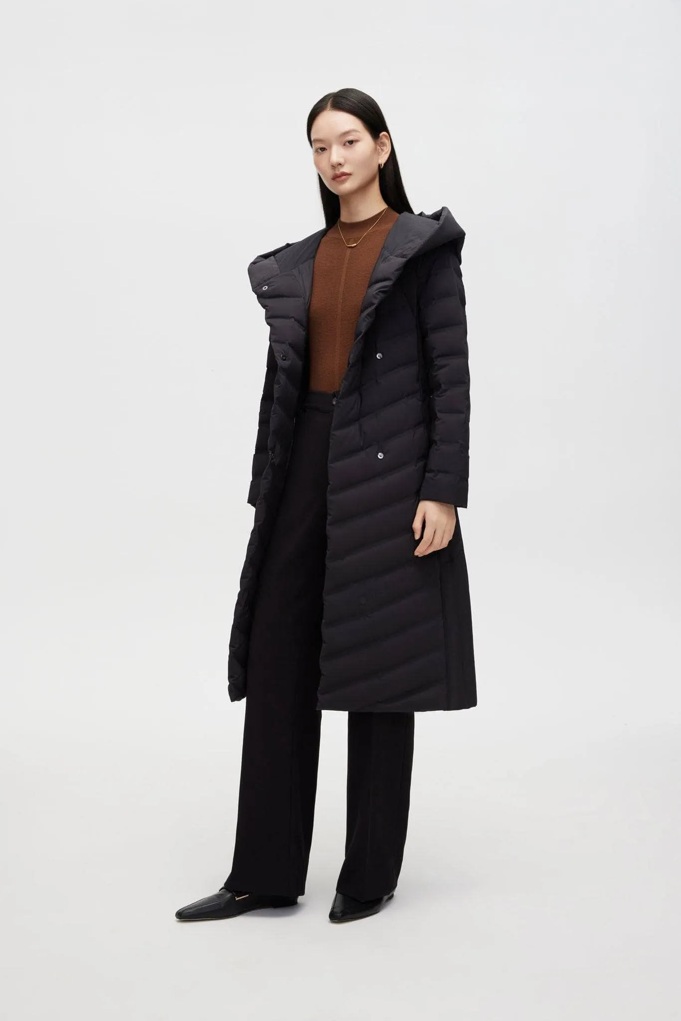 Long Wrap Goose Down Coat With Belt