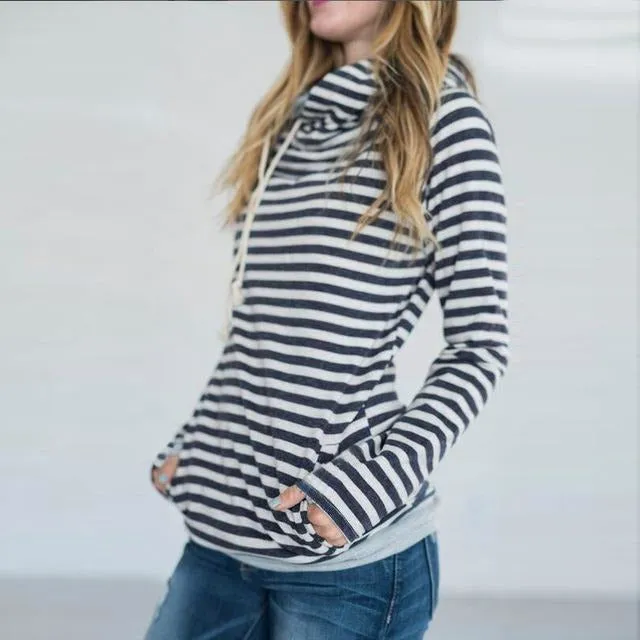 Lossky Double Hooded Striped Drawstring Hoodie