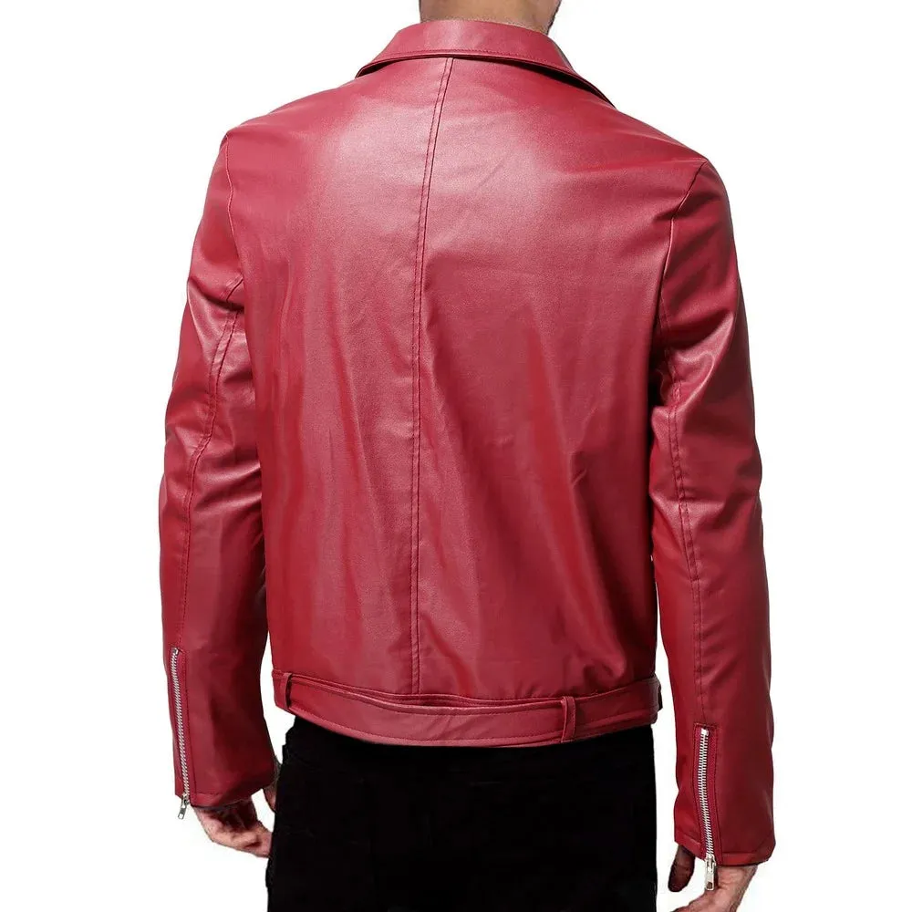 Men Leather Jacket Solid Color Casual Slim-Fit Zipper Long Sleeve Turn-Down Collar Motorcycle Leather Jacket Coat Men Clothing