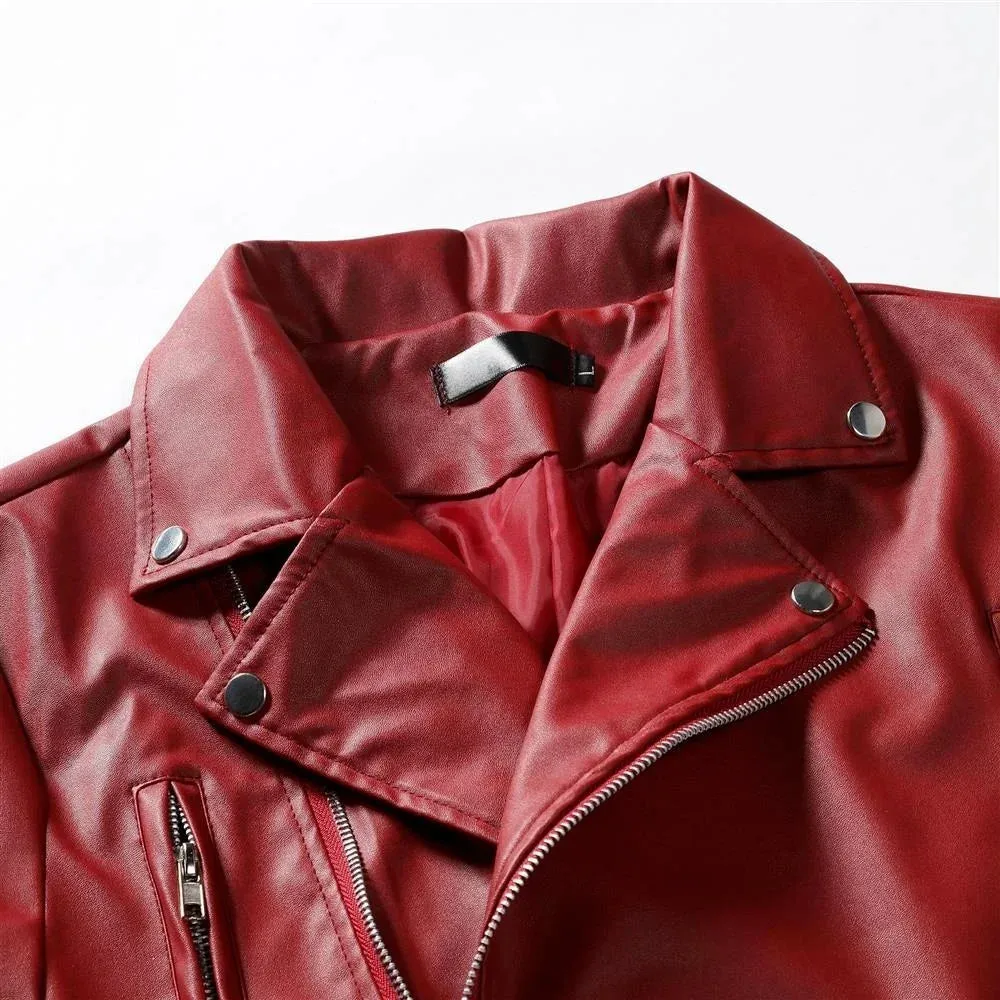 Men Leather Jacket Solid Color Casual Slim-Fit Zipper Long Sleeve Turn-Down Collar Motorcycle Leather Jacket Coat Men Clothing